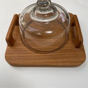 Mid Century Dolphin Teakwood Cheese Tray with Glass Cover